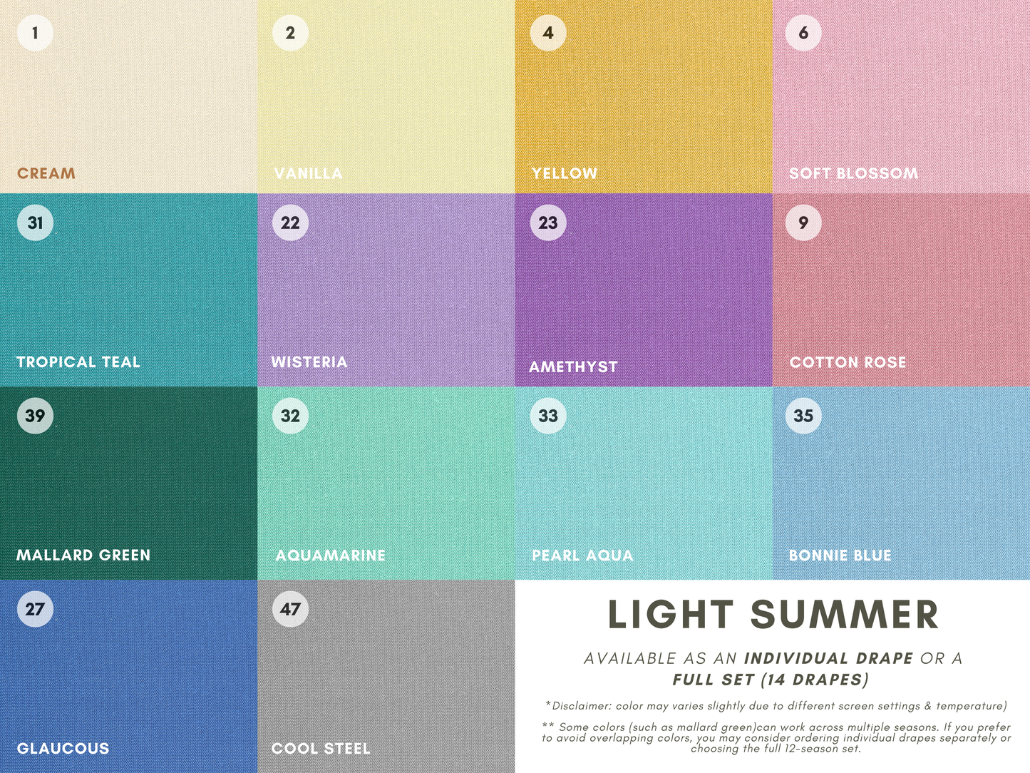 Seasonal Color Drapes for Color Analysis | Sub Season 54-Colors Set