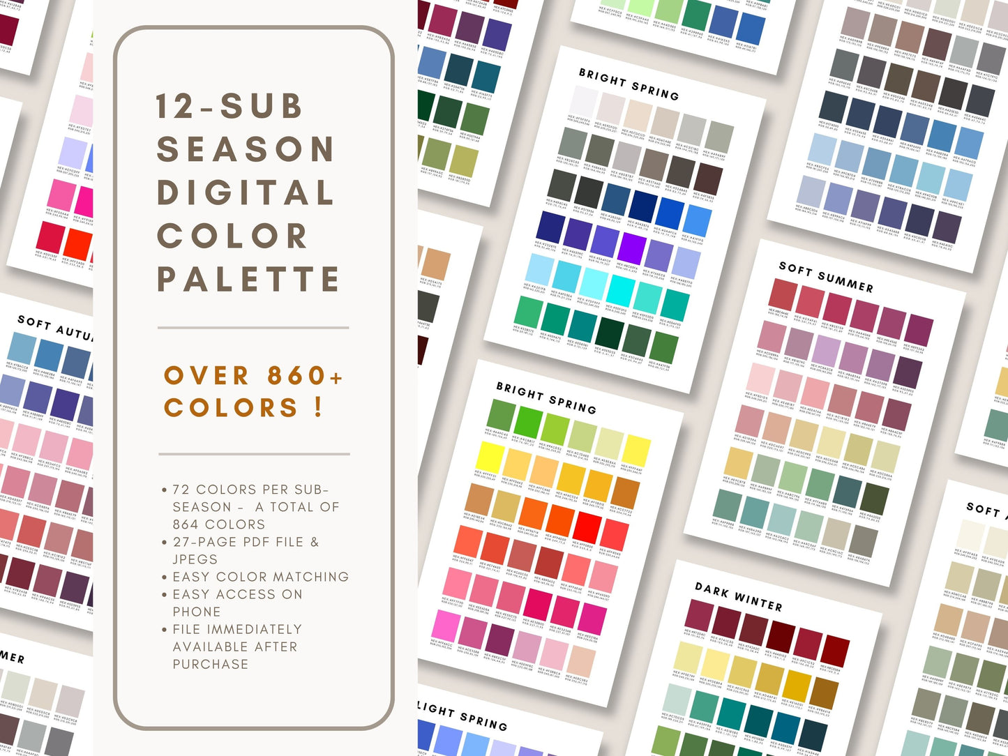12 Seasonal Color Palette with 864 Colors and corresponding HEX & RGB Codes