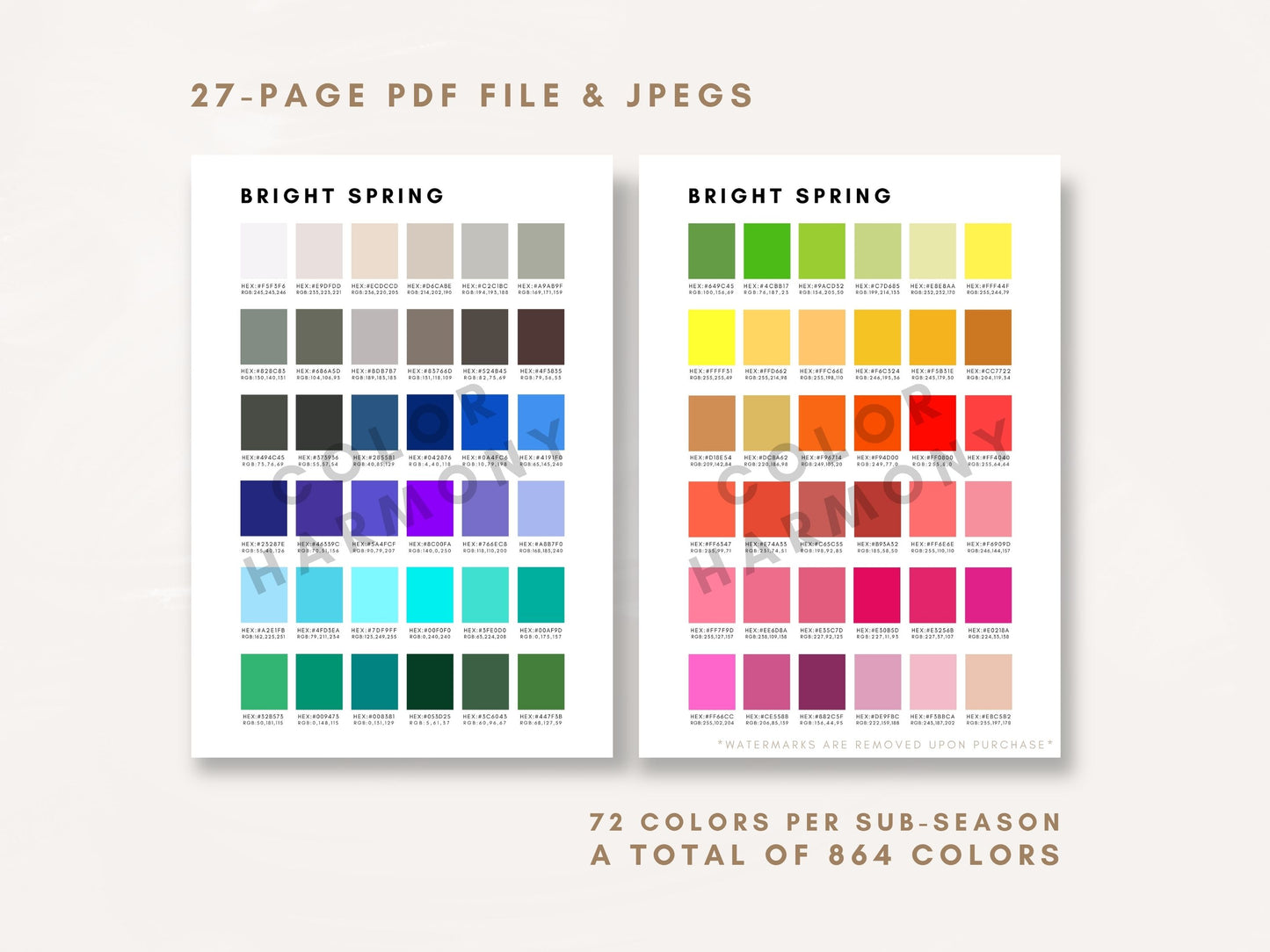 12 Seasonal Color Palette with 864 Colors and corresponding HEX & RGB Codes