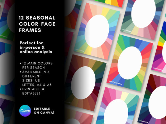 12 Seasonal Color Face Frames | Printable PNG, PDF + Canva Editable
