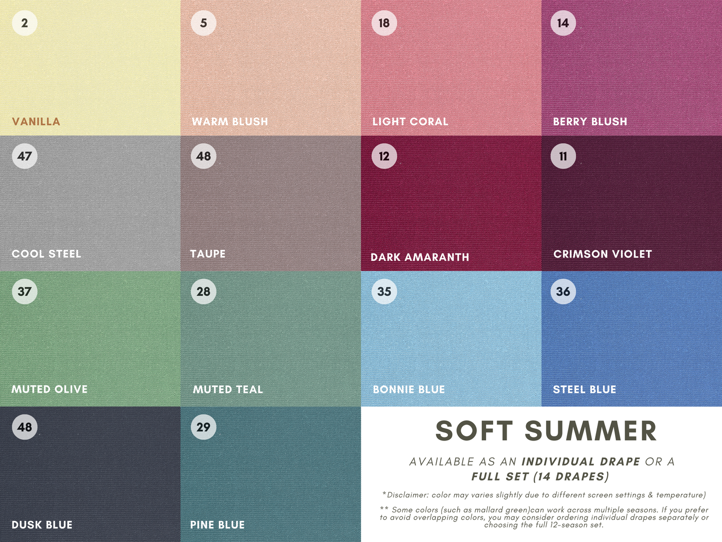 Seasonal Color Drapes for Color Analysis | Sub Season 54-Colors Set