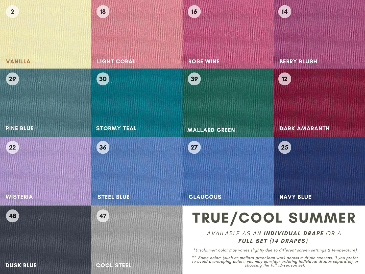 Seasonal Color Drapes for Color Analysis | Sub Season 54-Colors Set