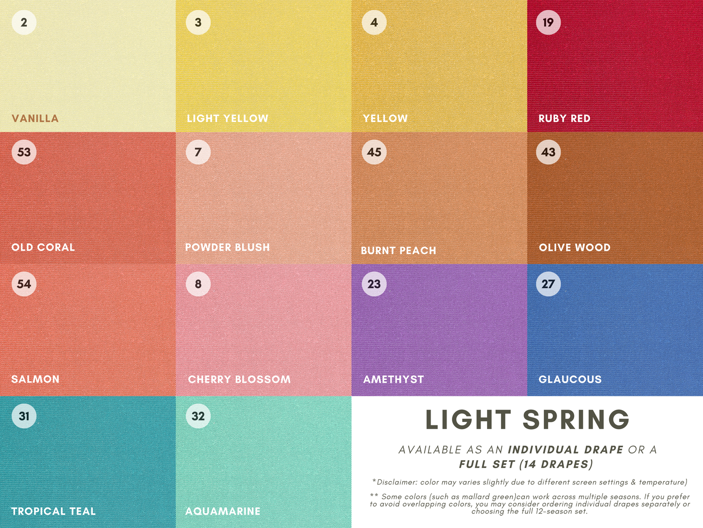 Seasonal Color Drapes for Color Analysis | Sub Season 54-Colors Set