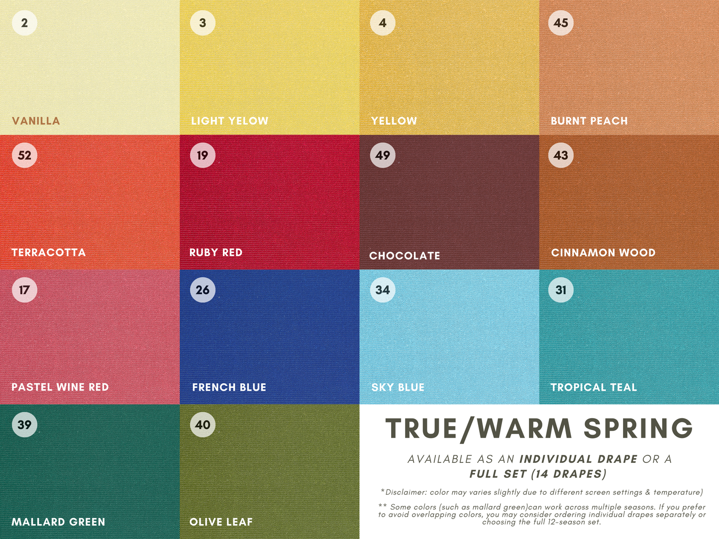 Seasonal Color Drapes for Color Analysis | Sub Season 54-Colors Set