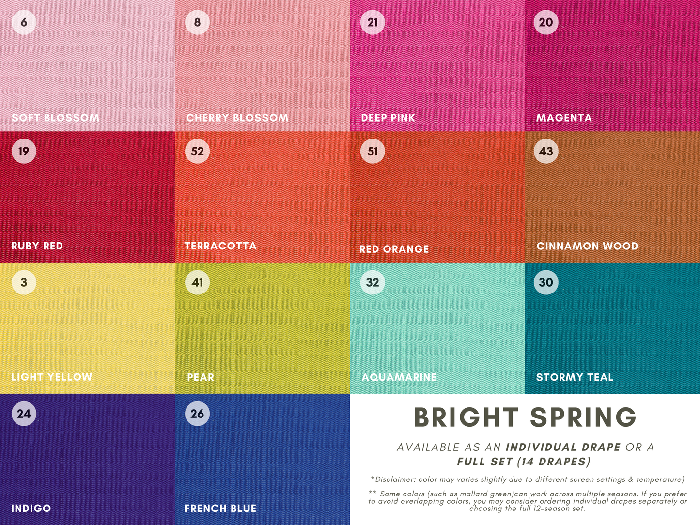 Seasonal Color Drapes for Color Analysis | Sub Season 54-Colors Set