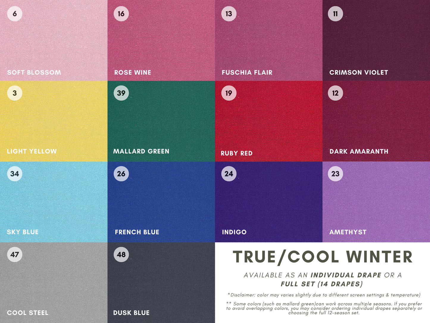Seasonal Color Drapes for Color Analysis | Sub Season 54-Colors Set