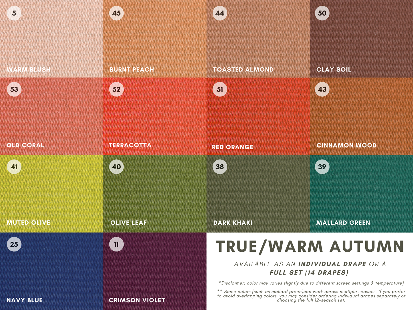 Seasonal Color Drapes for Color Analysis | Sub Season 54-Colors Set